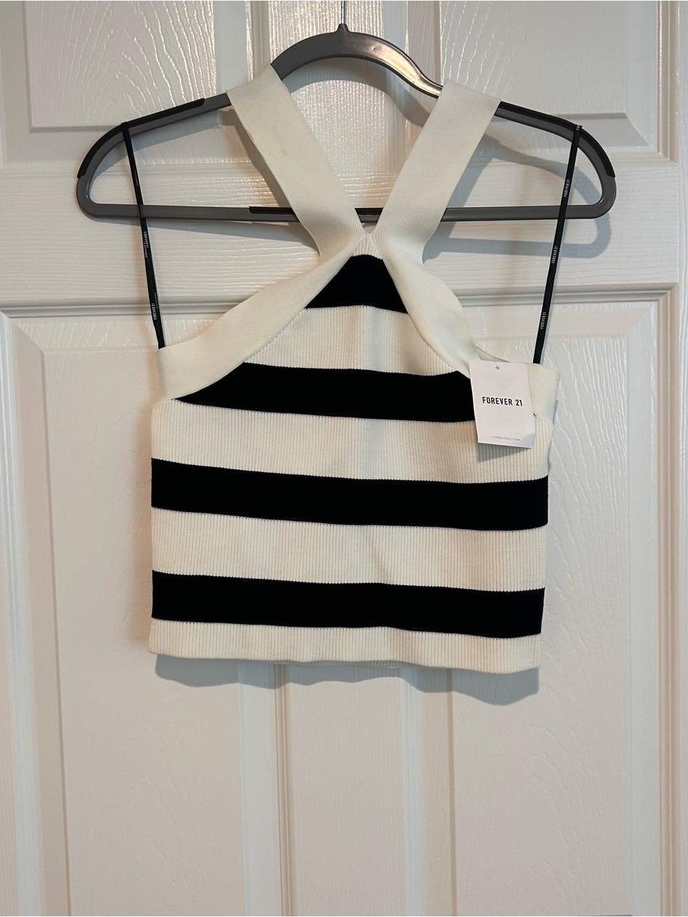 Forever 21 Navy Blue and White Striped Cross-Back Crop Top